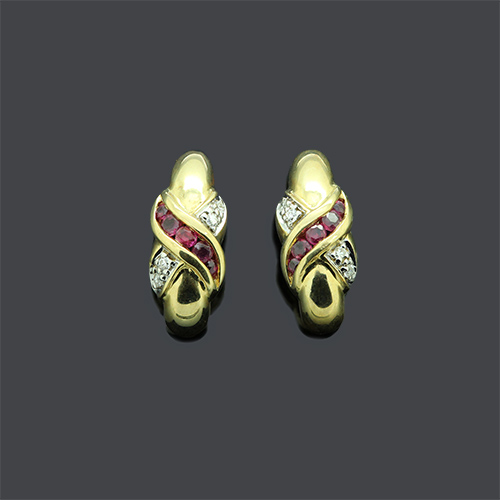 Zaveris J-Type 18 Cart Solid Yellow Gold Ruby and Diamond Earrings