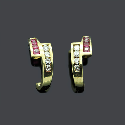 Zaveris 18 Carat Solid Yellow Gold Half Hoop Ruby and Diamond Earrings