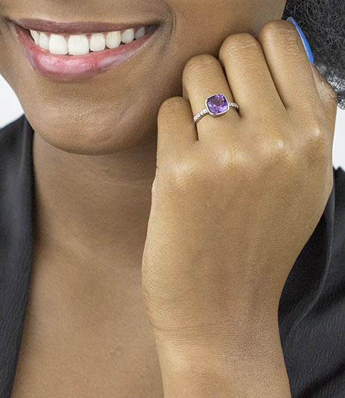 Zaveris White Gold Cushion Cut Amethyst and Cubic Zirconia Ring
