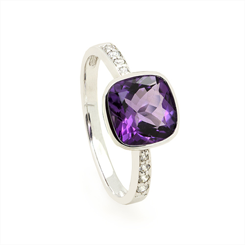 Zaveris White Gold Cushion Cut Amethyst and Cubic Zirconia Ring
