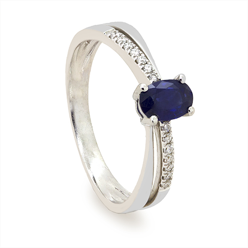 Zaveris 18 Carat Solid White Gold Blue Sapphire and Pav? Diamond Ring