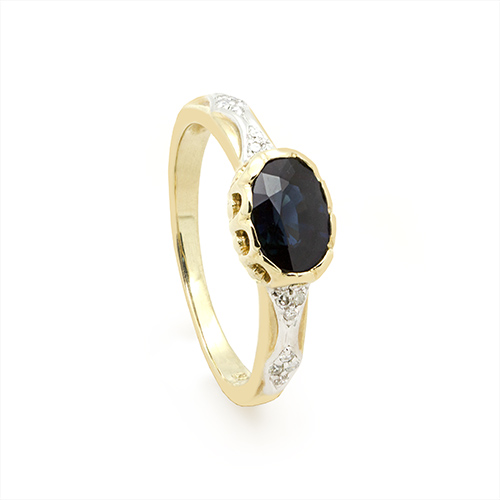 Zaveris 9 Carat Solid Yellow Gold Deep Blue Sapphire and Diamond Ring