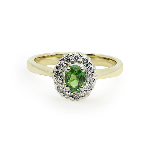 Zaveris 18 Carat Solid Yellow Gold Tsavorite and Halo Diamond Ring