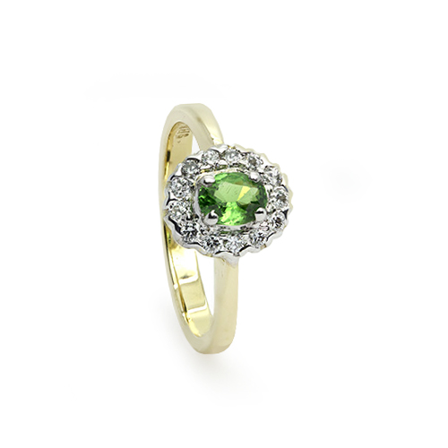 Zaveris 18 Carat Solid Yellow Gold Tsavorite and Halo Diamond Ring