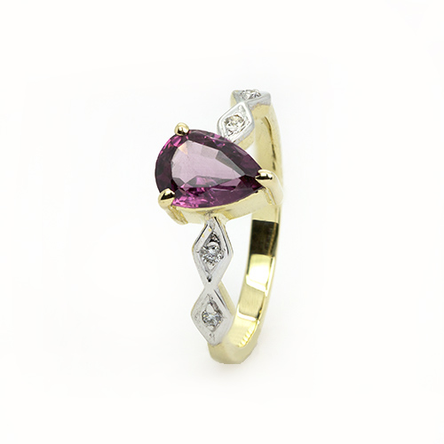 Yellow Gold Pear Cut Rhodolite and Diamond Ring