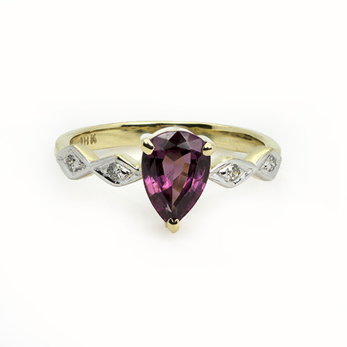 Zaveris 18 Carat Yellow Gold Pear Cut Rhodolite and Diamond Ring