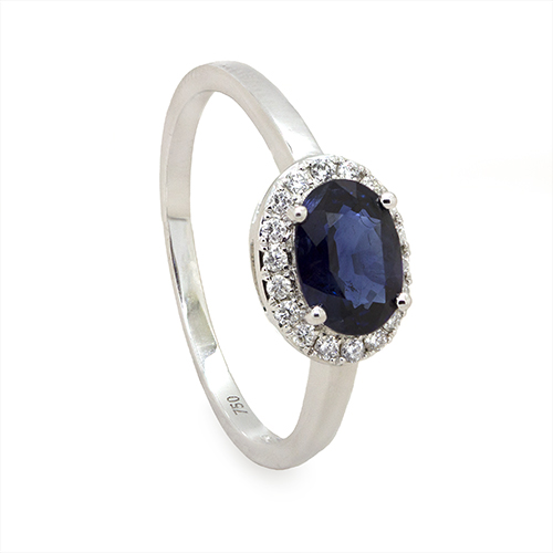 Zaveris 18 Carat White Gold Oval Cut Blue Sapphire and Crown Diamond Ring