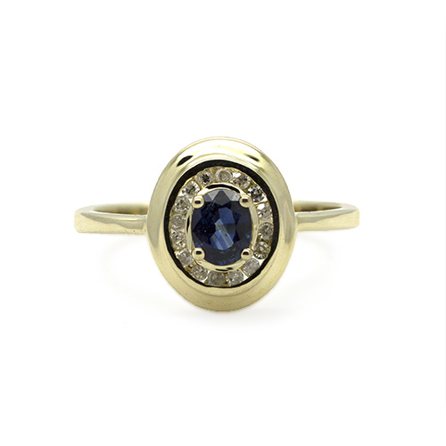 Zaveris 9 Carat Yellow Gold Oval Cut Blue Sapphire and Diamond Ring