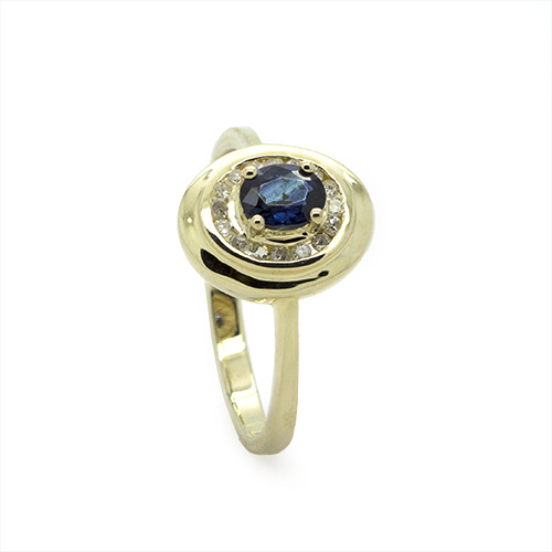 Zaveris 9 Carat Yellow Gold Oval Cut Blue Sapphire and Diamond Ring