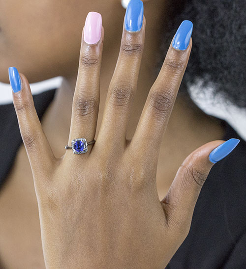 Zaveris 18 Carat White Gold Cushion Cut Tanzanite and Halo Diamond Ring