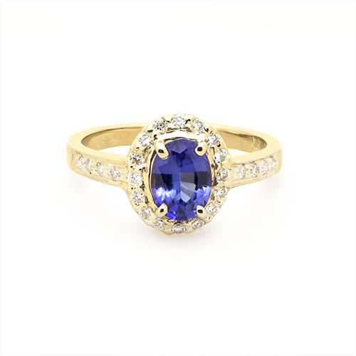 Zaveris 18 Carat Yellow Gold Oval Cut Tanzanite and Halo Diamond Ring