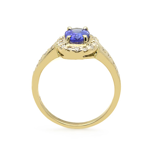 Zaveris 18 Carat Yellow Gold Oval Cut Tanzanite and Halo Diamond Ring