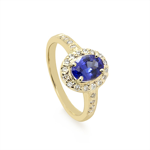 Zaveris 18 Carat Yellow Gold Oval Cut Tanzanite and Halo Diamond Ring