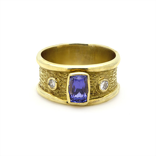 Zaveris 18 Carat Yellow Gold Cushion Cut Tanzanite and Diamond Ring