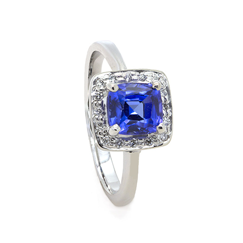 Zaveris 18 Carat White Gold Cushion Cut Tanzanite and Halo Diamond Ring