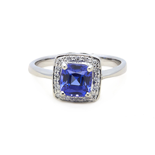 Zaveris 18 Carat White Gold Cushion Cut Tanzanite and Halo Diamond Ring