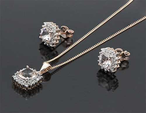 Zaveris 9 Carat Rose Gold Cushion Cut Morganite and Diamond Pendant Set