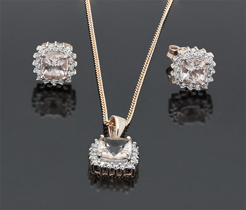 Zaveris 9 Carat Rose Gold Cushion Cut Morganite and Diamond Pendant Set
