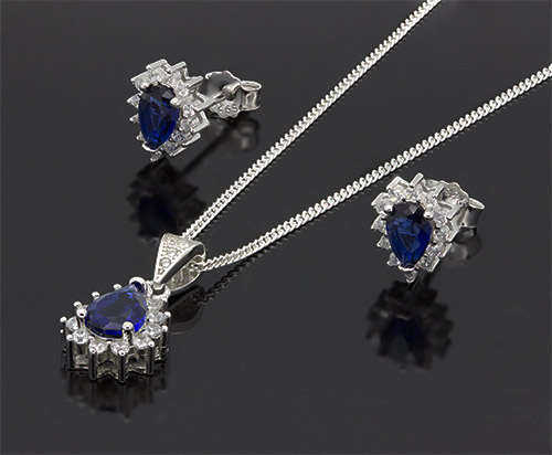 Zaveris Sterling Silver Pear Cut Simulant Blue Sapphire Pendant Set