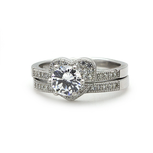 Zaveris Sterling Silver Cubic Zircon Heart Bridal Set