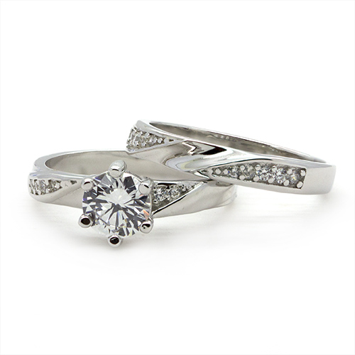 Zaveris Sterling Silver Solitaire Cubic Zircon Bridal Set