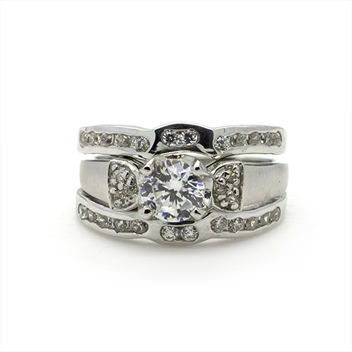 Zaveris Sterling Silver Triple Round Cut Cubic Zircon Bridal Set