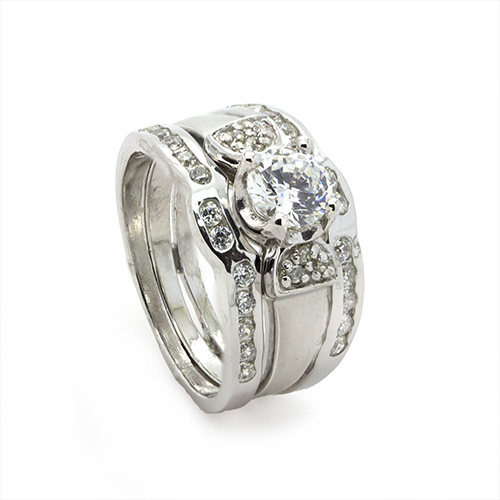 Zaveris Sterling Silver Triple Round Cut Cubic Zircon Bridal Set