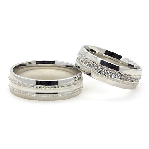Zaveris Sterling Silver Round Grain Cubic Zircon Wedding Bands