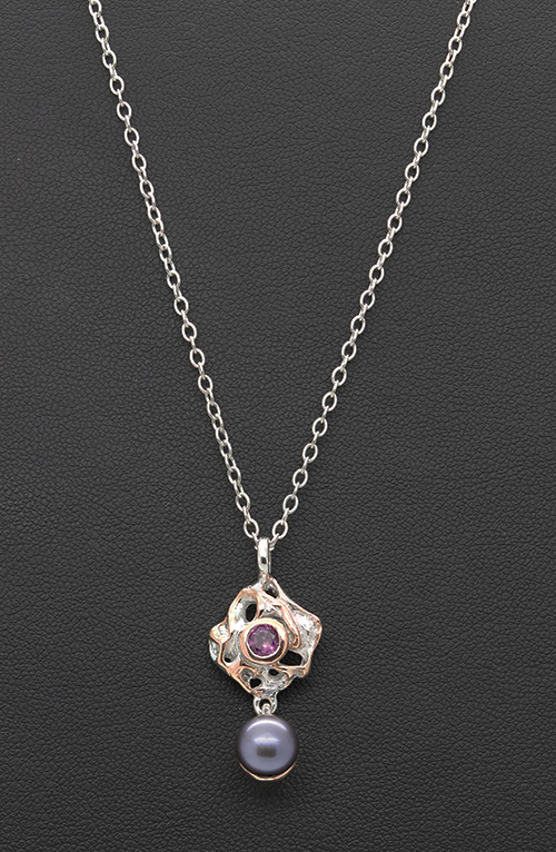 Zaveris Sterling Silver Black Pearl and Rhodolite Necklace