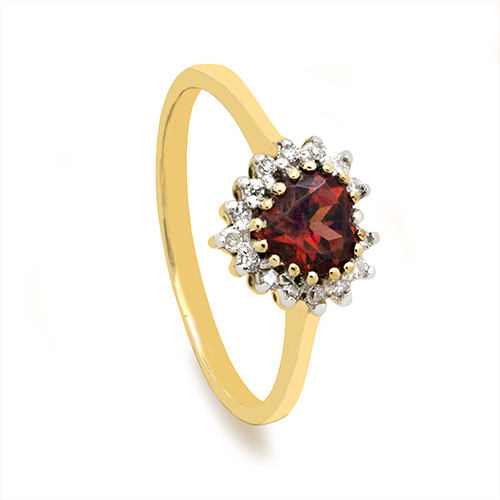 Zaveris 9 Carat Yellow Gold Red Garnet and Cluster Diamond Ring