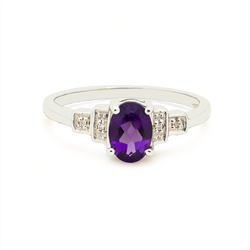 Zaveris 9 Carat White Gold Oval Cut Amethyst and Side Stone Diamond Ring