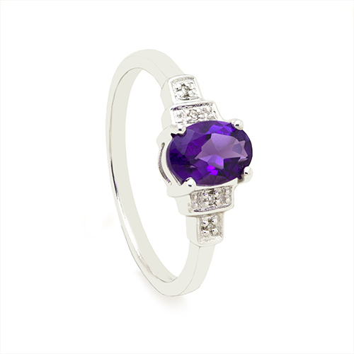 Zaveris 9 Carat White Gold Oval Cut Amethyst and Side Stone Diamond Ring