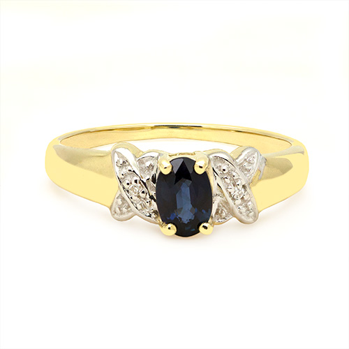 Zaveris Reverse Tapaered 9 Carat Yellow Gold Oval Cut Blue Sapphire and Diamond Ring