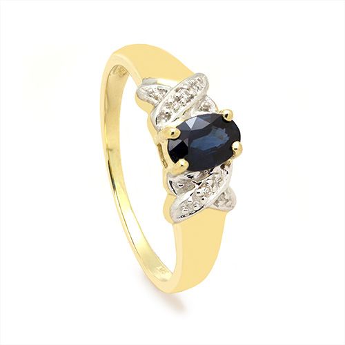 Zaveris Reverse Tapaered 9 Carat Yellow Gold Oval Cut Blue Sapphire and Diamond Ring