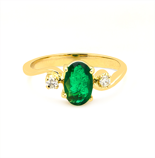 Zaveris 18 Carat Yellow Gold Oval Cut Green Emerald and Side Stone Diamonds