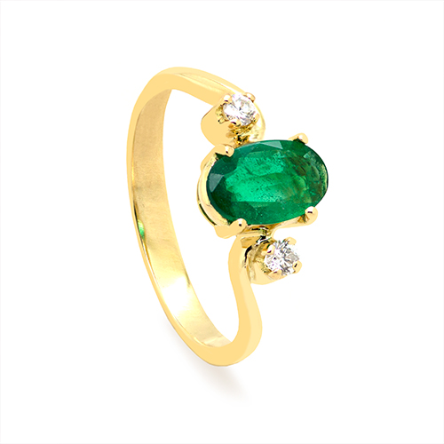 Zaveris 18 Carat Yellow Gold Oval Cut Green Emerald and Side Stone Diamonds