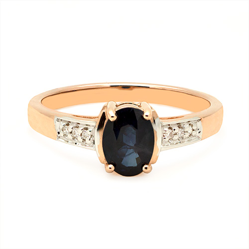 Zaveris 9 Carat Rose Gold Oval Cut Sapphire and Three Side Stone Diamond Ring