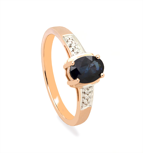 Zaveris 9 Carat Rose Gold Oval Cut Sapphire and Three Side Stone Diamond Ring