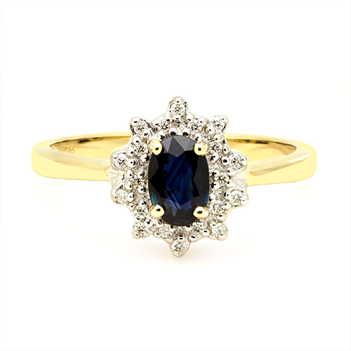 Zaveris Tapered 9 Carat Yellow Gold Oval Cut Blue Sapphire and Diamond Halo Ring