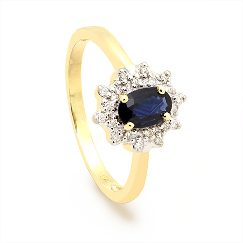 Zaveris Tapered 9 Carat Yellow Gold Oval Cut Blue Sapphire and Diamond Halo Ring