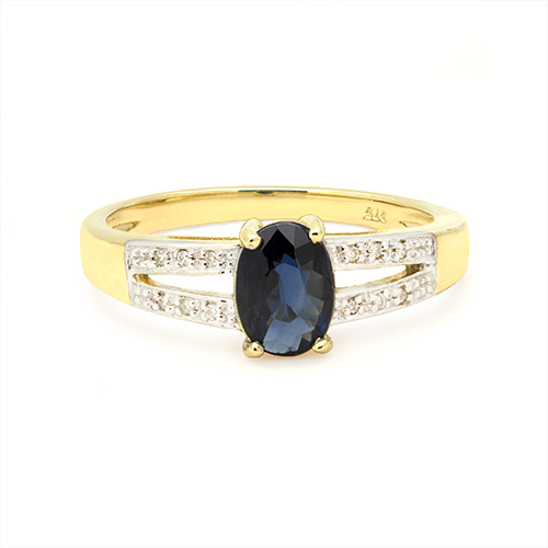 Zaveris Split Shank 9 Carat Yellow Gold Blue Sapphire and Pav? Diamond Ring