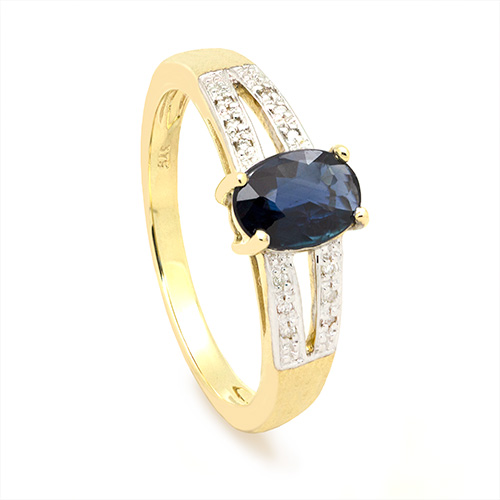 Zaveris Split Shank 9 Carat Yellow Gold Blue Sapphire and Pav? Diamond Ring