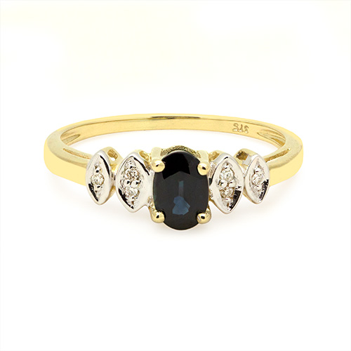 Zaveris 9 Carat Yellow Gold Blue Sapphire and Bezel Set Diamond Ring