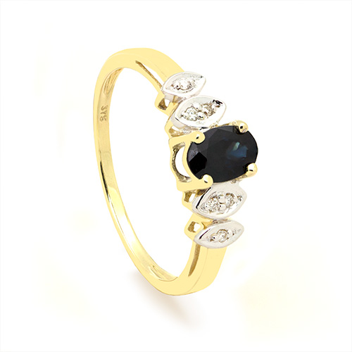 Zaveris 9 Carat Yellow Gold Blue Sapphire and Bezel Set Diamond Ring