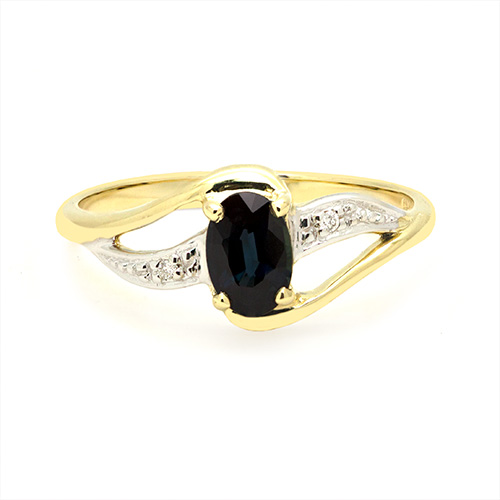 Zaveris Bypass 9 Carat Yellow Gold Oval Cut Deep Blue Sapphire and Pav? Diamond Ring