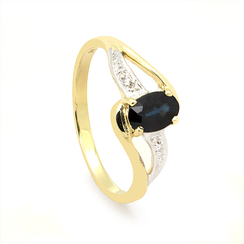Zaveris Bypass 9 Carat Yellow Gold Oval Cut Deep Blue Sapphire and Pav? Diamond Ring