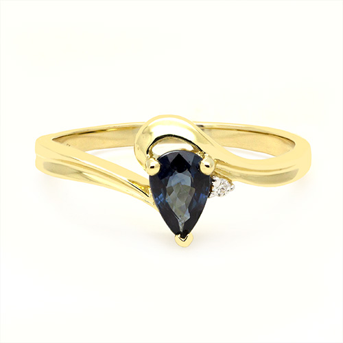 Zaveris 9 Carat Yellow Gold Pear Cut Blue Sapphire and Solo Side Stone Diamond Ring