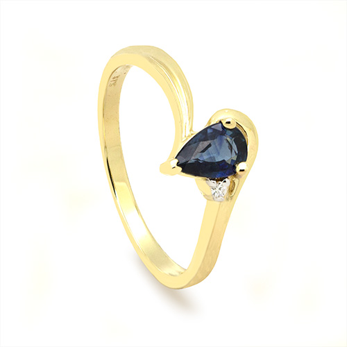 Zaveris 9 Carat Yellow Gold Pear Cut Blue Sapphire and Solo Side Stone Diamond Ring