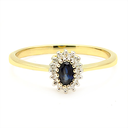 Zaveris Tapered 9 Carat Yellow Gold Blue Sapphire and Floral Halo Diamond Ring