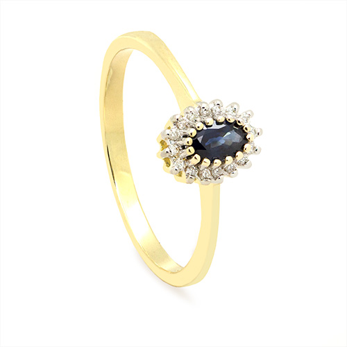 Zaveris Tapered 9 Carat Yellow Gold Blue Sapphire and Floral Halo Diamond Ring
